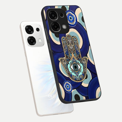  Hamsa Divine Guard phone case For Oppo F33 5G showing premium glass back cover with detailed artwork