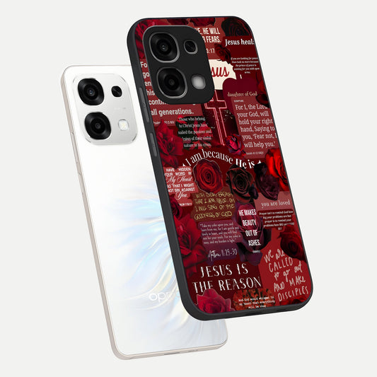  Jesus Love Heals phone case For Oppo F33 5G showing premium glass back cover with detailed artwork
