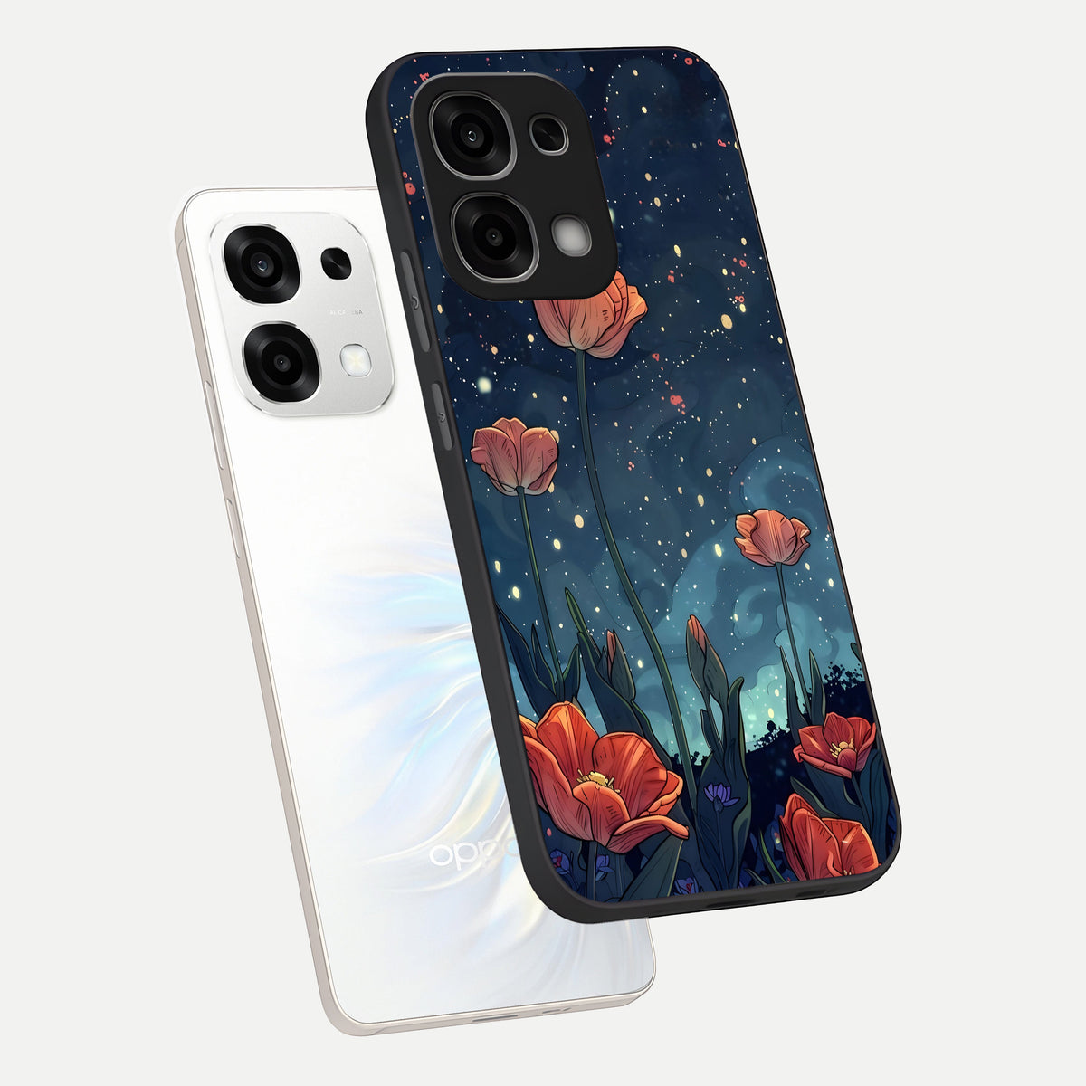  Midnight Tulip Glow phone case For Oppo F33 5G showing premium glass back cover with detailed artwork