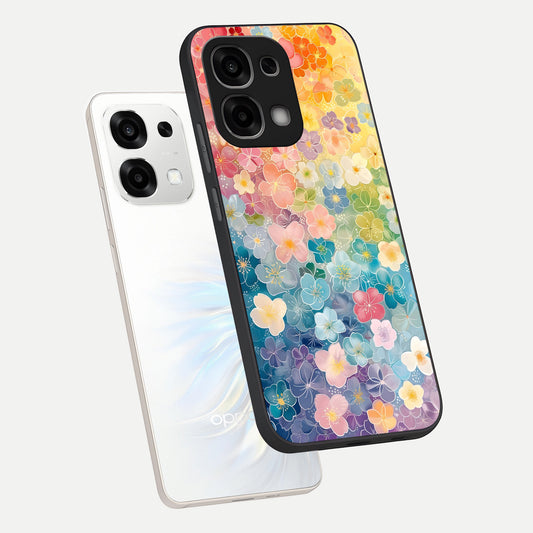  Rainbow Blossom Burst phone case For Oppo F33 5G showing premium glass back cover with detailed artwork