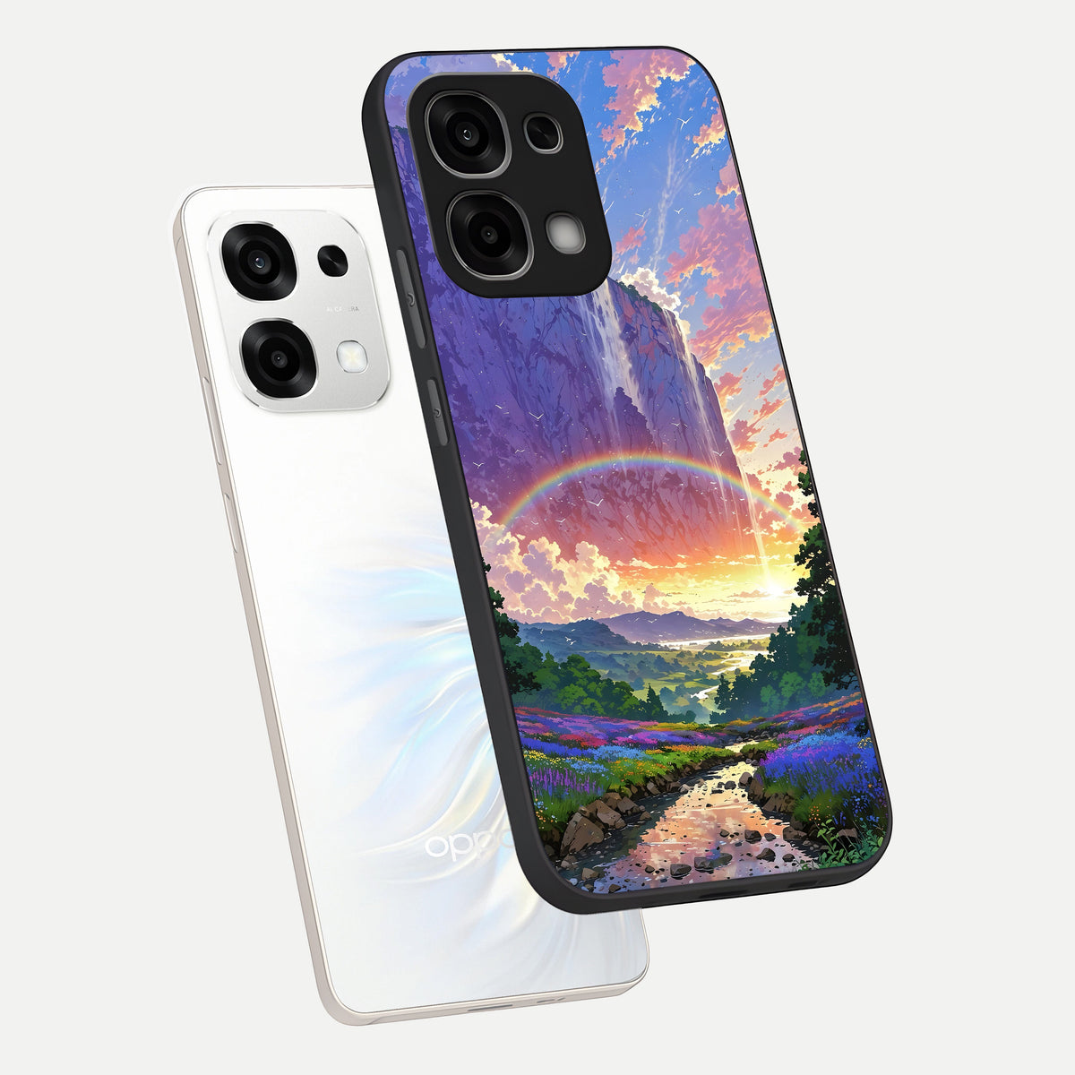  Rainbow Valley Dream phone case For Oppo F33 5G showing premium glass back cover with detailed artwork