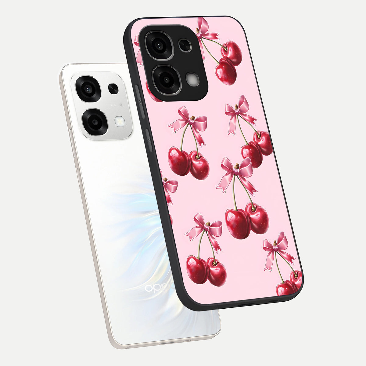  Red Cherries Pattern phone case For Oppo F33 5G showing premium glass back cover with detailed artwork