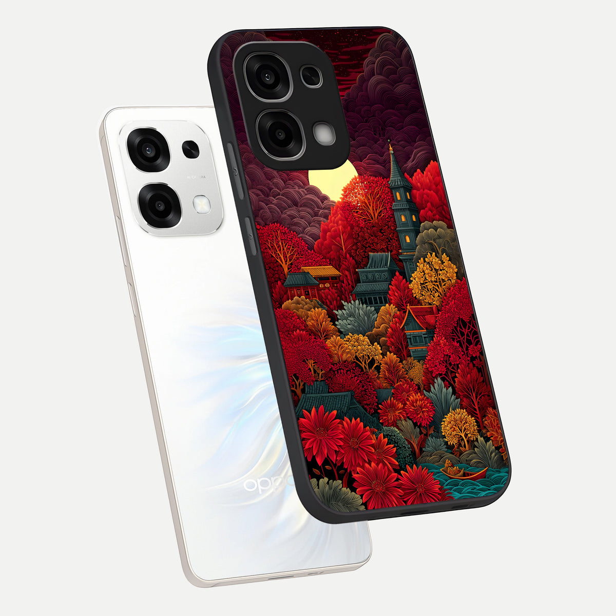  Scarlet Autumn Temple phone case For Oppo F33 5G showing premium glass back cover with detailed artwork