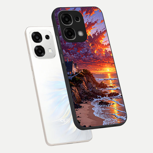  Sunset House By Sea phone case For Oppo F33 5G showing premium glass back cover with detailed artwork
