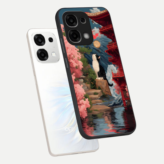  Temple Cat Scenery phone case For Oppo F33 5G showing premium glass back cover with detailed artwork