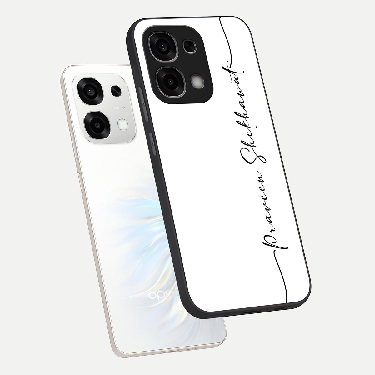  White Tune Custom Name phone case For Oppo F33 5G showing premium custom name glass back cover