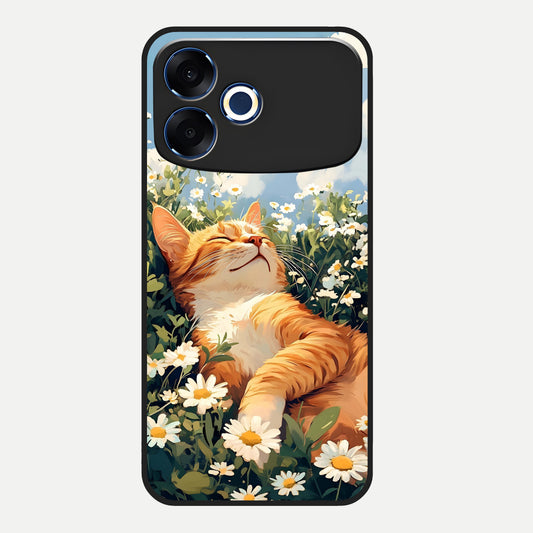  Cat And Flowers View Glass Case For Oppo F33 Pro 5G back cover – full design glossy printed glass finish