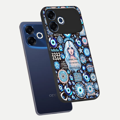  Angel Aura Shield phone case For Oppo F33 Pro 5G showing premium glass back cover with detailed artwork