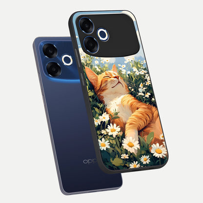  Cat And Flowers View phone case For Oppo F33 Pro 5G showing premium glass back cover with detailed artwork