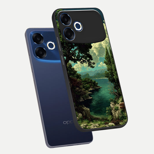  Celestial Lake Peace phone case For Oppo F33 Pro 5G showing premium glass back cover with detailed artwork