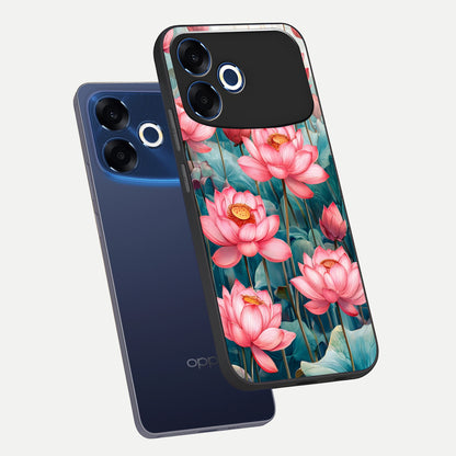 Celestial Pink Lotus phone case For Oppo F33 Pro 5G showing premium glass back cover with detailed artwork
