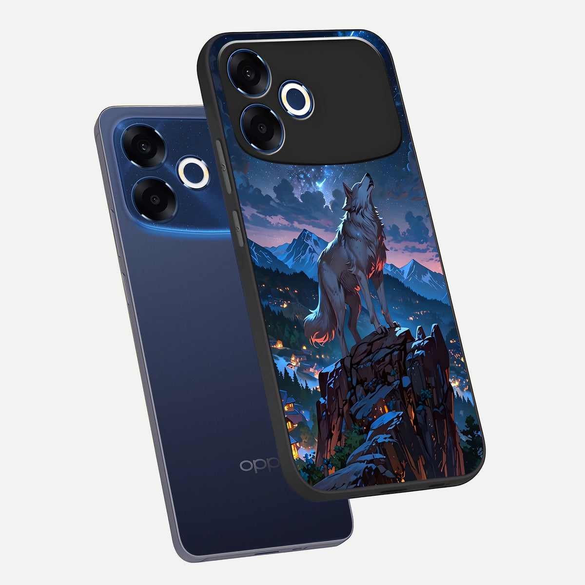  Celestial Wolf Howl phone case For Oppo F33 Pro 5G showing premium glass back cover with detailed artwork