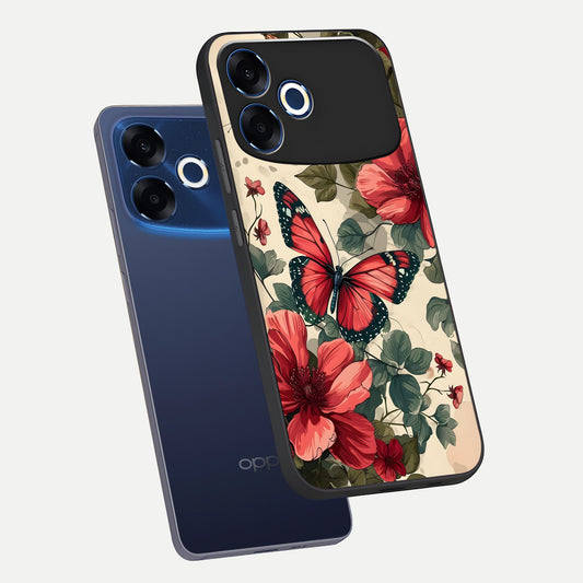  Crimson Butterfly Garden phone case For Oppo F33 Pro 5G showing premium glass back cover with detailed artwork