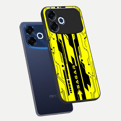  Electric Pulse CYBERPUNK Custom Name phone case For Oppo F33 Pro 5G showing premium glass back cover with detailed artwork