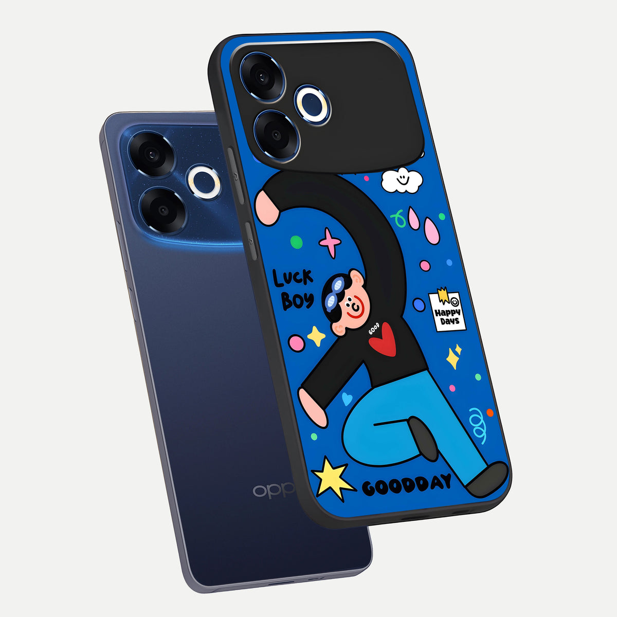  Happy Luck Vibe phone case For Oppo F33 Pro 5G showing premium glass back cover with detailed artwork