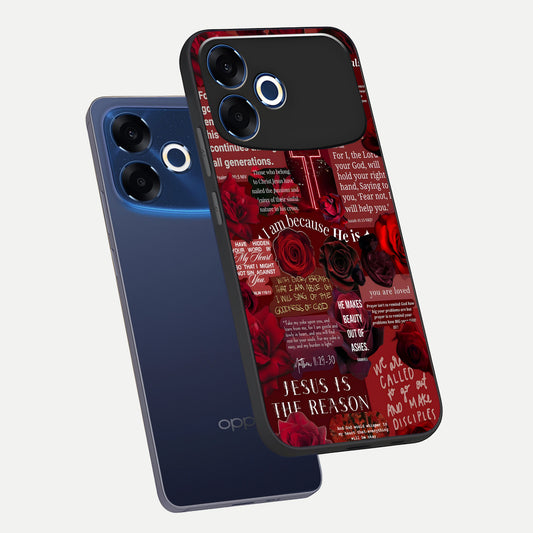  Jesus Love Heals phone case For Oppo F33 Pro 5G showing premium glass back cover with detailed artwork