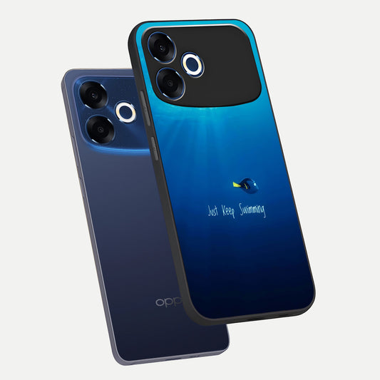  Just Keep Swimming phone case For Oppo F33 Pro 5G showing premium glass back cover with detailed artwork