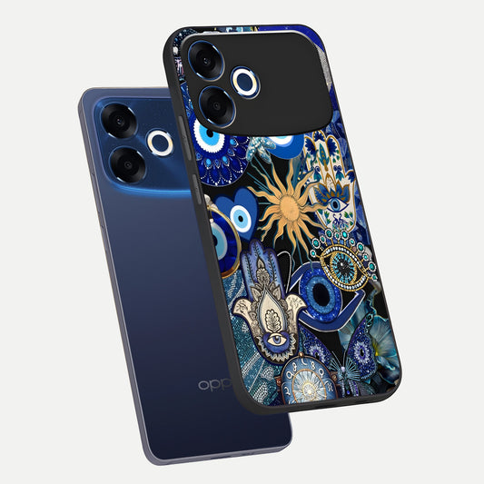  Mystic Blue Evil Eye phone case For Oppo F33 Pro 5G showing premium glass back cover with detailed artwork