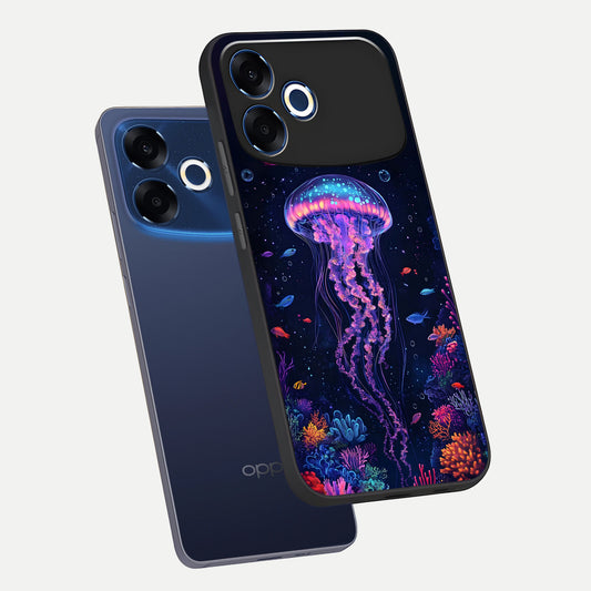  Neon Jellyfish phone case For Oppo F33 Pro 5G showing premium glass back cover with detailed artwork
