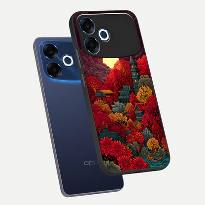  Scarlet Autumn Temple phone case For Oppo F33 Pro 5G showing premium glass back cover with detailed artwork