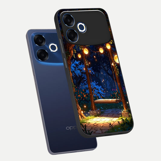  Twilight Garden Swing phone case For Oppo F33 Pro 5G showing premium glass back cover with detailed artwork
