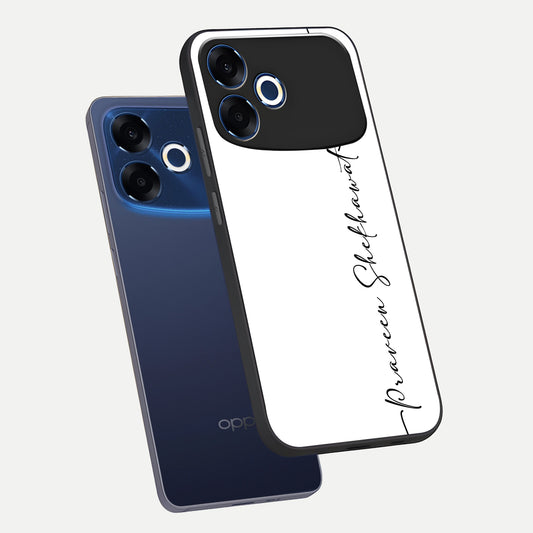  White Tune Custom Name phone case For Oppo F33 Pro 5G showing premium custom name glass back cover