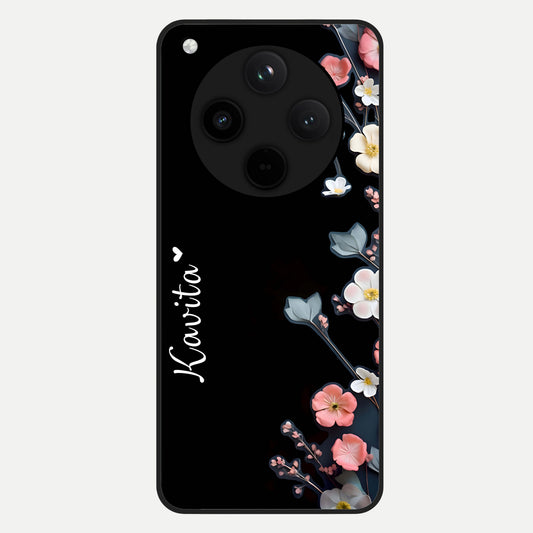  Black Elegance Floral Custom Name Glass Case For Oppo Find X8 back cover – full design glossy printed glass finish