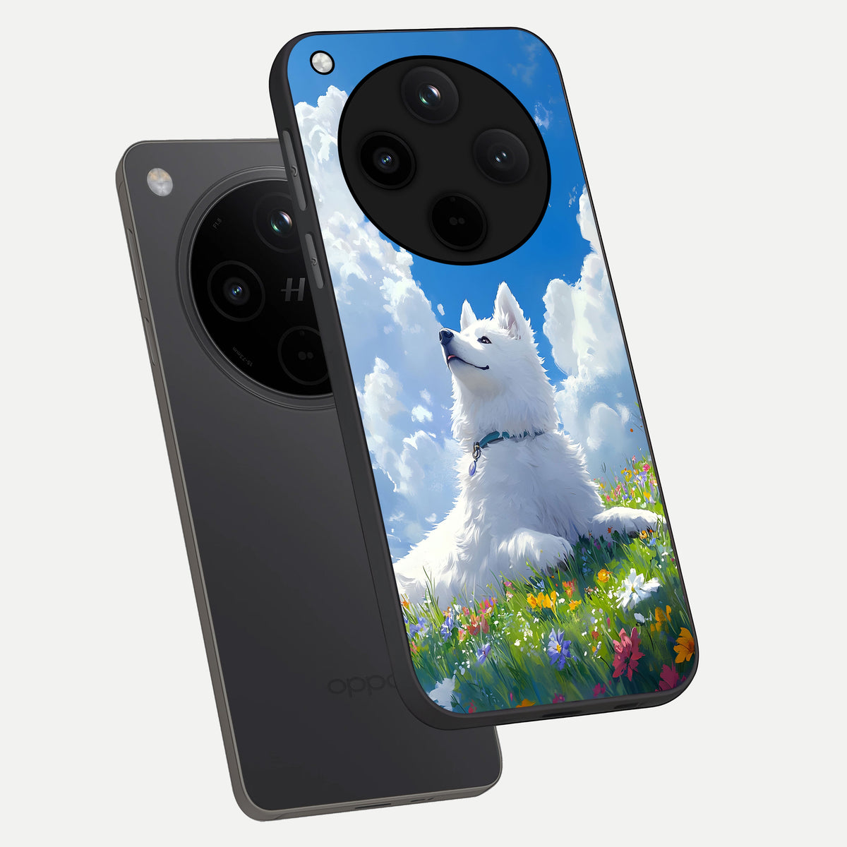  Blissful Cloud Pup phone case For Oppo Find X8 showing premium glass back cover with detailed artwork