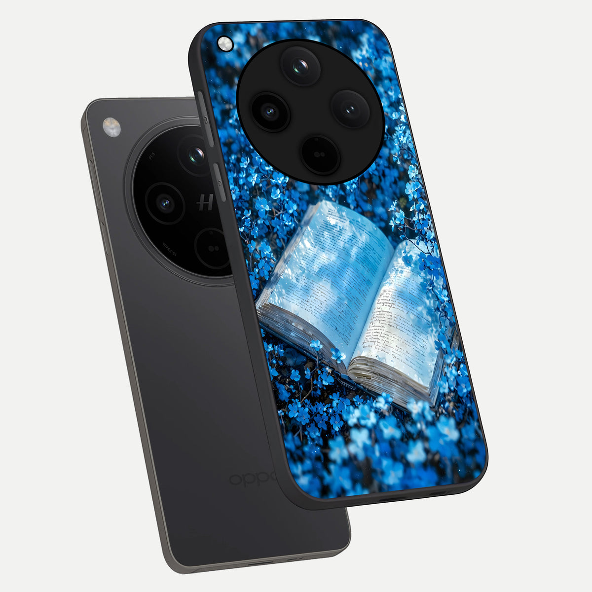  Blue Bloom Tales phone case For Oppo Find X8 showing premium glass back cover with detailed artwork