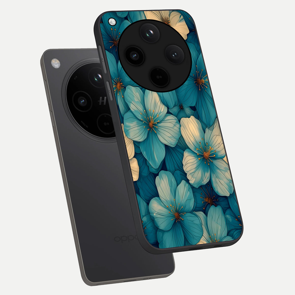  Blue Shade Floral phone case For Oppo Find X8 showing premium glass back cover with detailed artwork