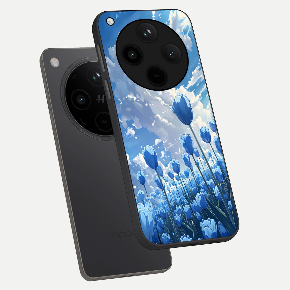  Blue Tulip Clouds phone case For Oppo Find X8 showing premium glass back cover with detailed artwork