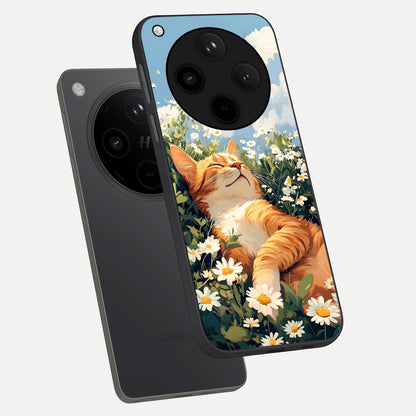  Cat And Flowers View phone case For Oppo Find X8 showing premium glass back cover with detailed artwork
