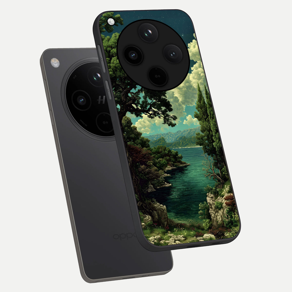  Celestial Lake Peace phone case For Oppo Find X8 showing premium glass back cover with detailed artwork