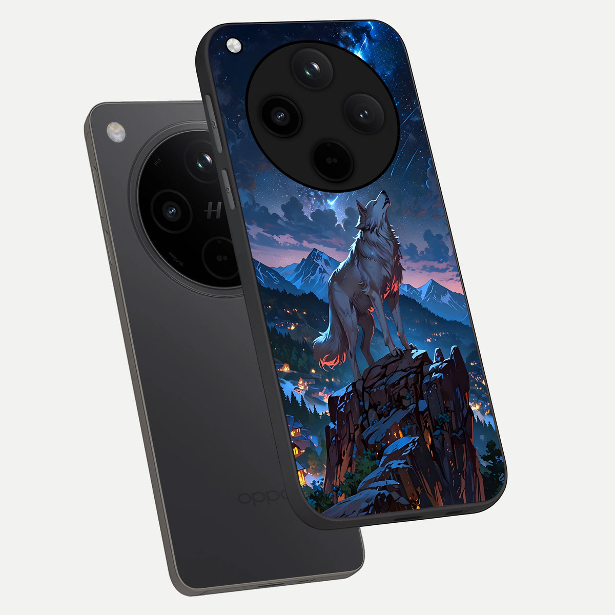  Celestial Wolf Howl phone case For Oppo Find X8 showing premium glass back cover with detailed artwork