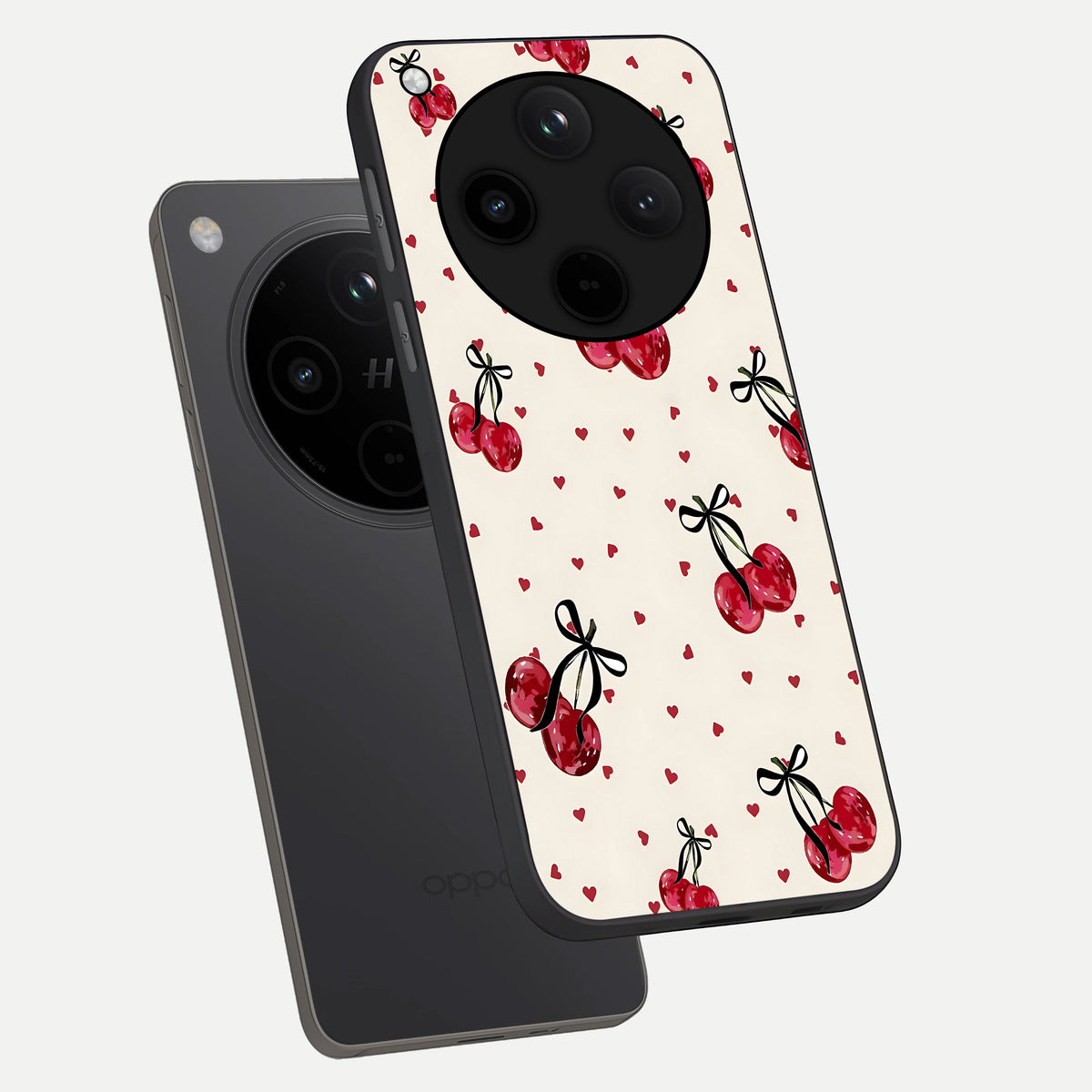  Cherry Heart Bow phone case For Oppo Find X8 showing premium glass back cover with detailed artwork