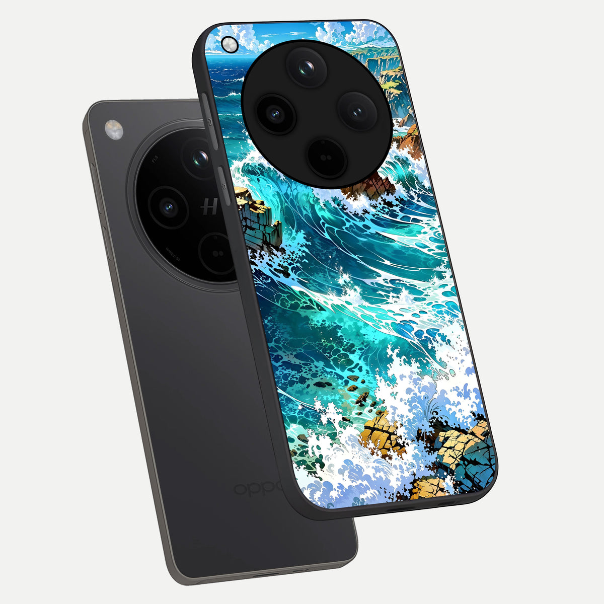  Coastal Blue Waves phone case For Oppo Find X8 showing premium glass back cover with detailed artwork