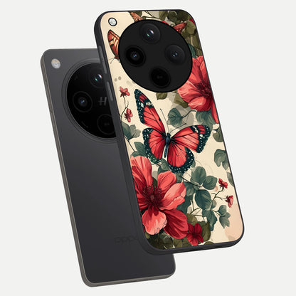  Crimson Butterfly Garden phone case For Oppo Find X8 showing premium glass back cover with detailed artwork