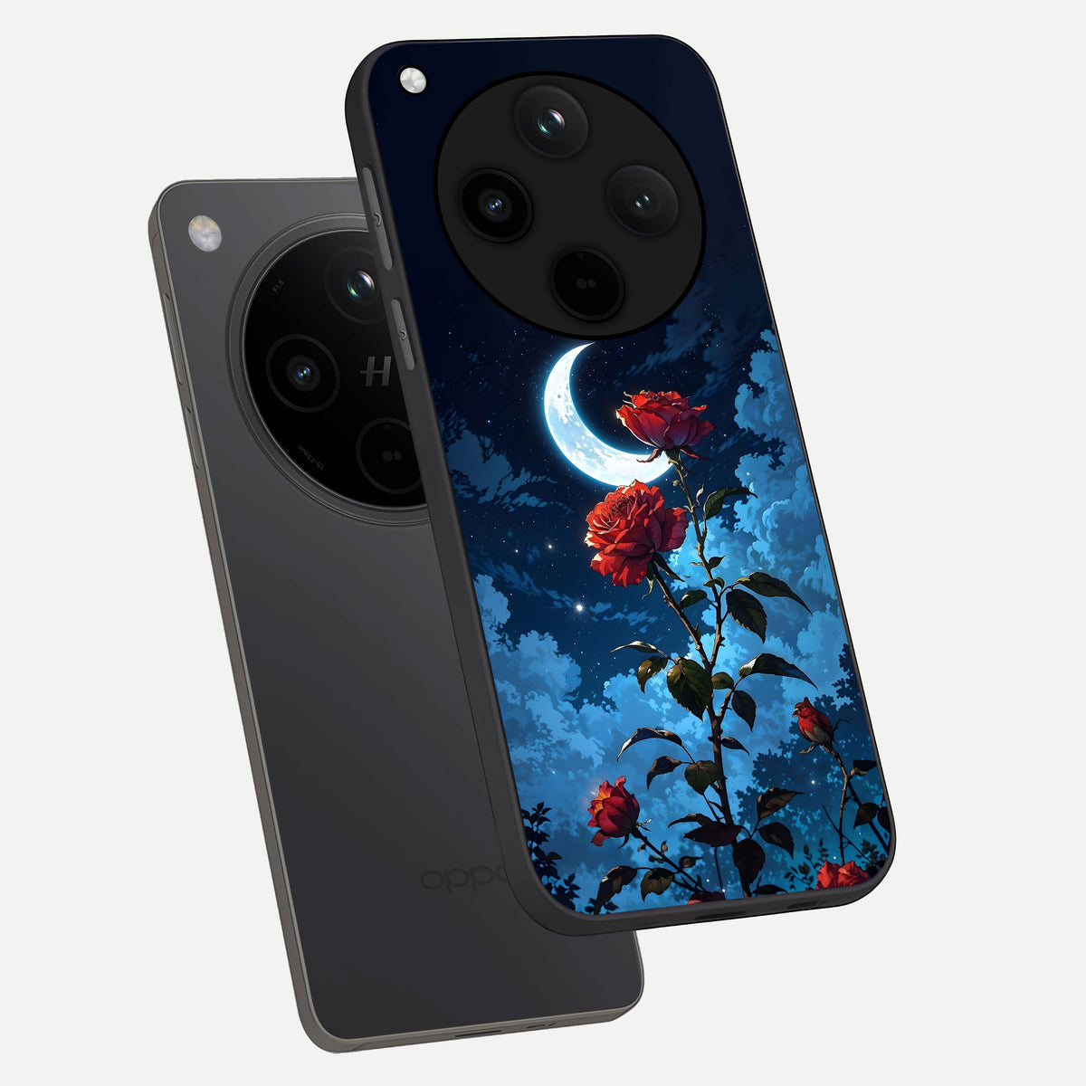  Crimson Rose Moon phone case For Oppo Find X8 showing premium glass back cover with detailed artwork