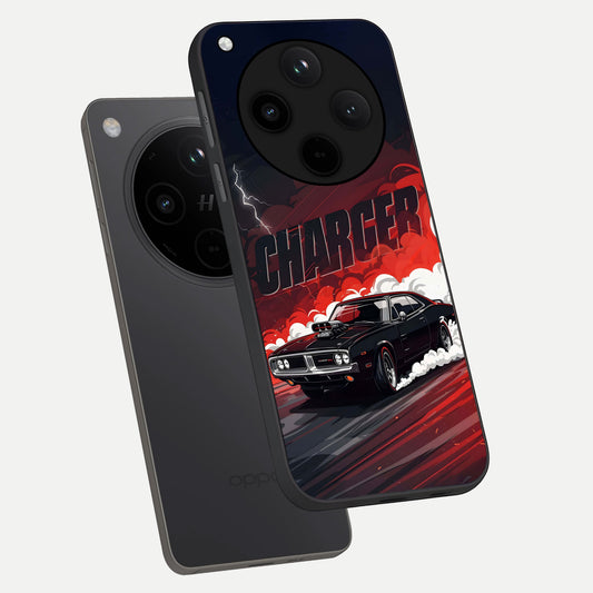  Dark Charger Fury phone case For Oppo Find X8 showing premium glass back cover with detailed artwork