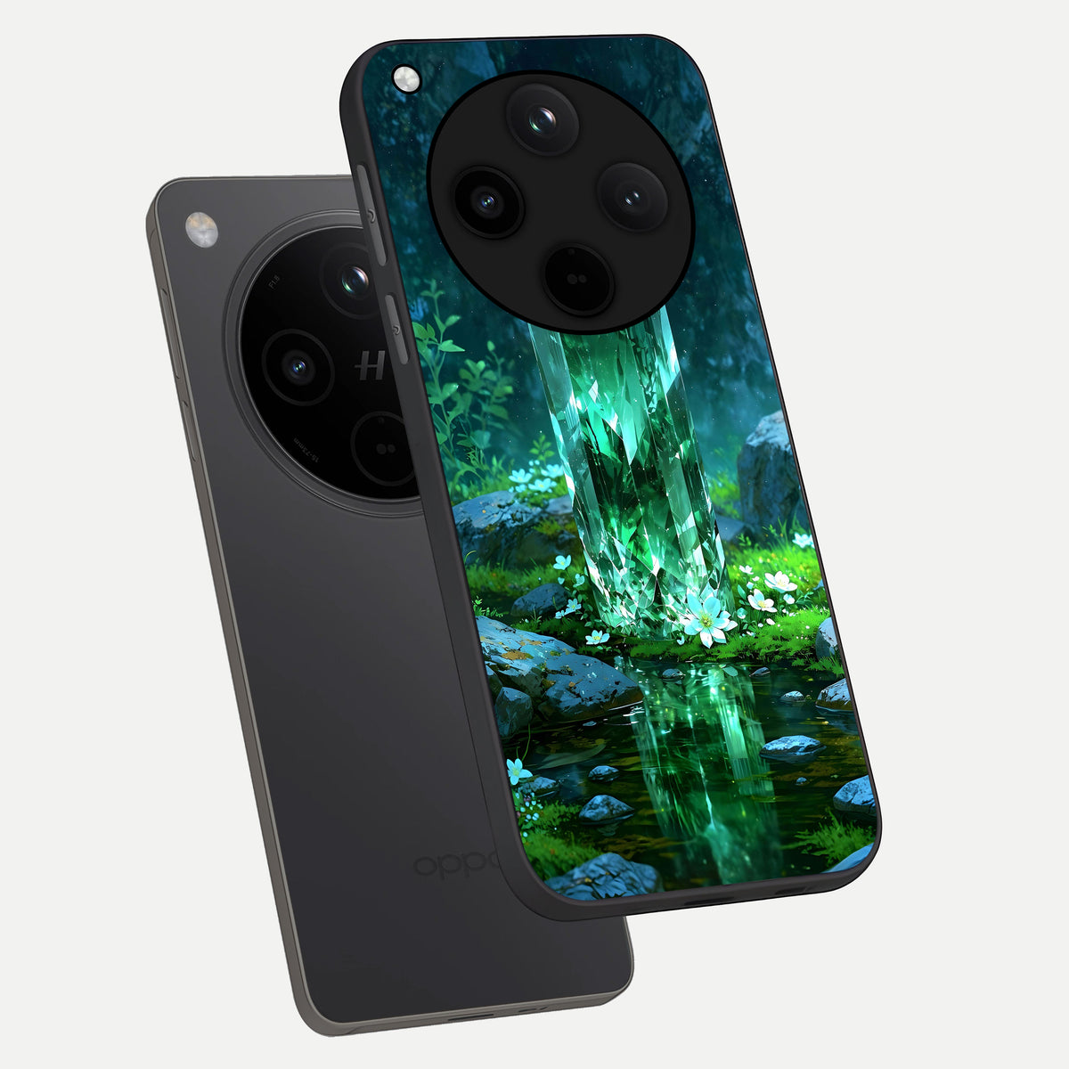  Emerald Light Crystal phone case For Oppo Find X8 showing premium glass back cover with detailed artwork