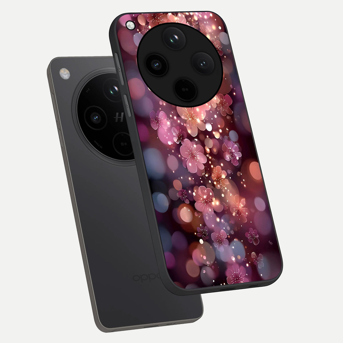  Glowing Petal Bliss phone case For Oppo Find X8 showing premium glass back cover with detailed artwork