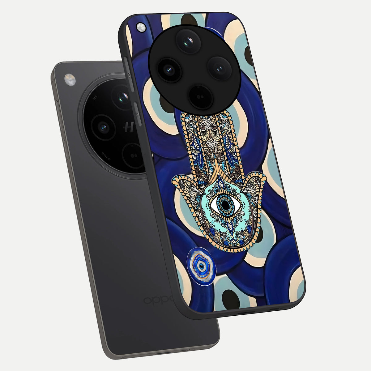  Hamsa Divine Guard phone case For Oppo Find X8 showing premium glass back cover with detailed artwork