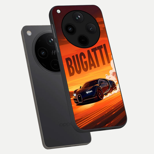  Inferno Bugatti Storm phone case For Oppo Find X8 showing premium glass back cover with detailed artwork