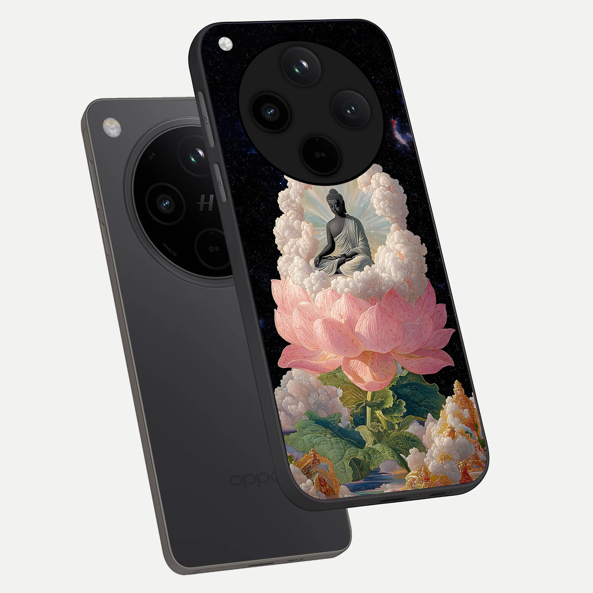  Lotus Divine Peace phone case For Oppo Find X8 showing premium glass back cover with detailed artwork