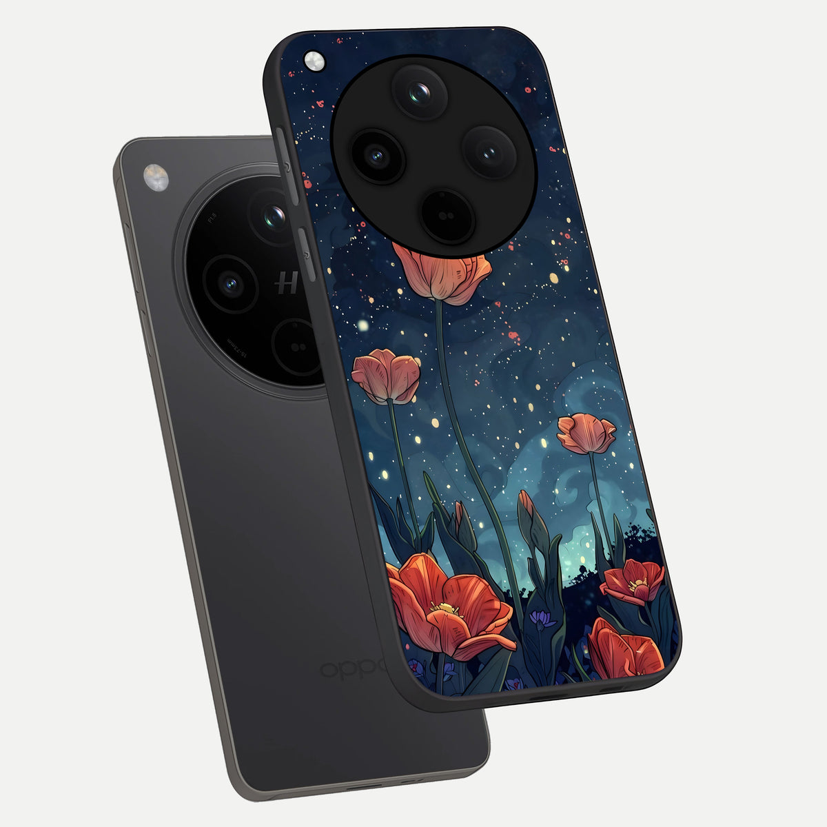  Midnight Tulip Glow phone case For Oppo Find X8 showing premium glass back cover with detailed artwork