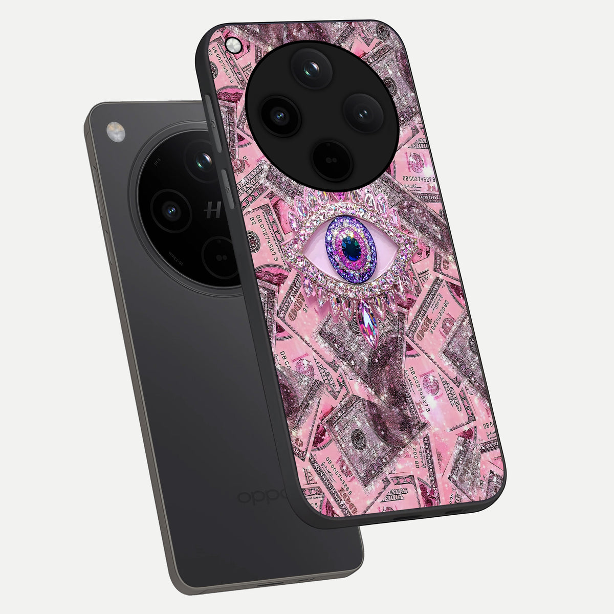  Money Eye Luxe phone case For Oppo Find X8 showing premium glass back cover with detailed artwork