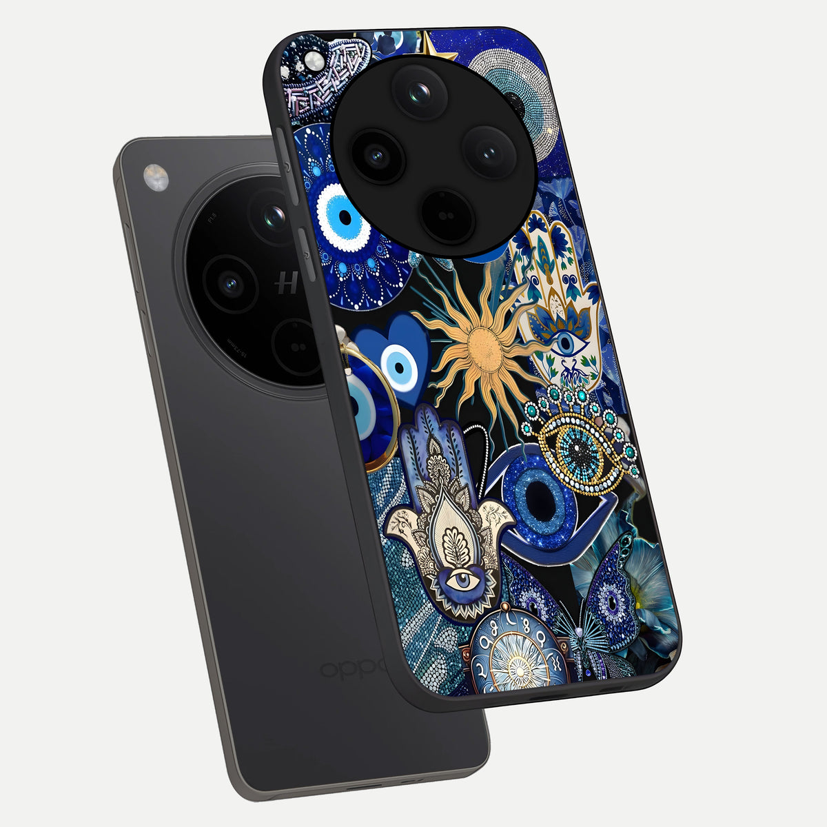  Mystic Blue Evil Eye phone case For Oppo Find X8 showing premium glass back cover with detailed artwork