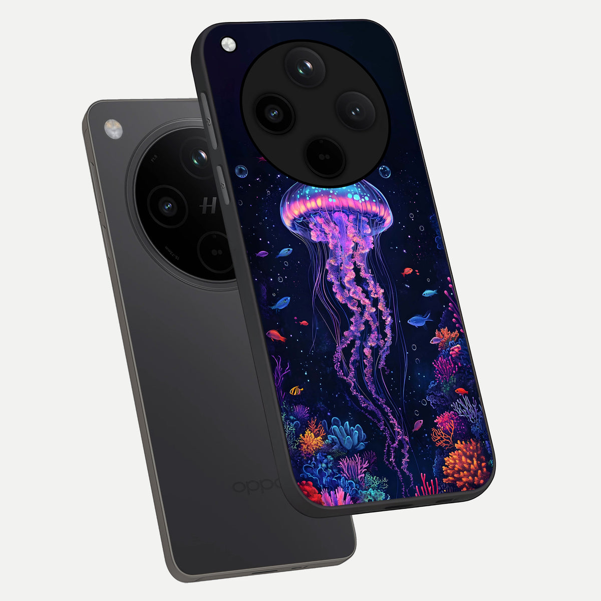  Neon Jellyfish phone case For Oppo Find X8 showing premium glass back cover with detailed artwork