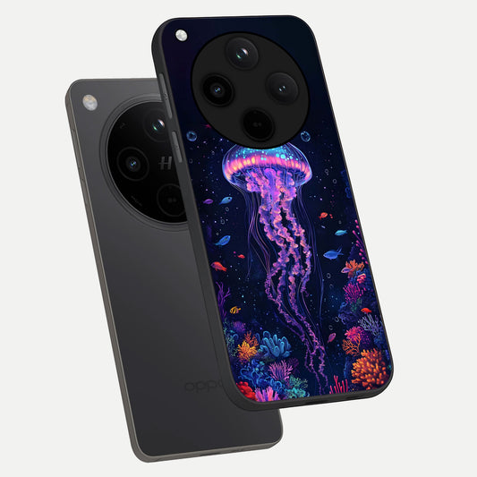  Neon Jellyfish phone case For Oppo Find X8 showing premium glass back cover with detailed artwork