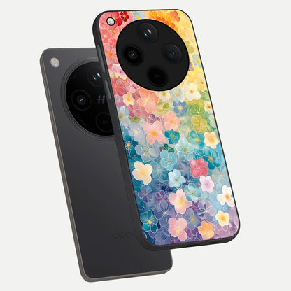  Rainbow Blossom Burst phone case For Oppo Find X8 showing premium glass back cover with detailed artwork